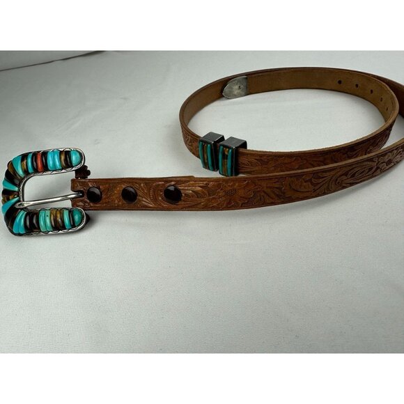 Vintage Rare Carlos Eagle Sterling Silver Inlay Buckle Belt Turquoise Coral Tige - Picture 5 of 9
